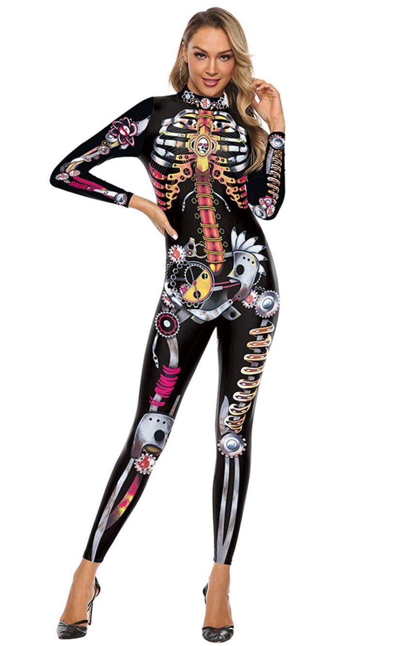 9812 Skeleton Print Jumpsuit Costume 3D Stretch Bodysuit Cosplay B142-106 M